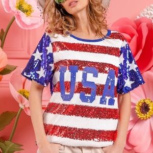 NWT XL USA Flag Stars Stripes Sequin Oversized Top America July 4 Holiday